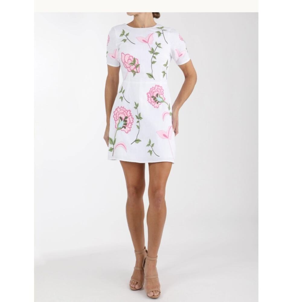 Fanm Mon Grace White Pink Floral Bridal Summer Sun Mini Dress XS
